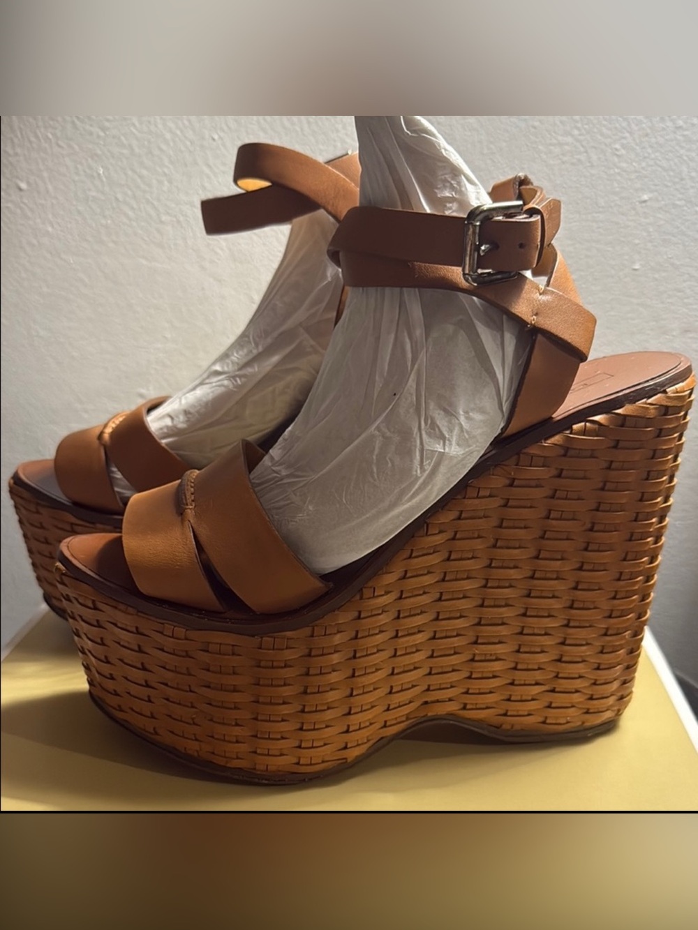 Ralph Lauren Woven Platform Wedge Sandals in Tan